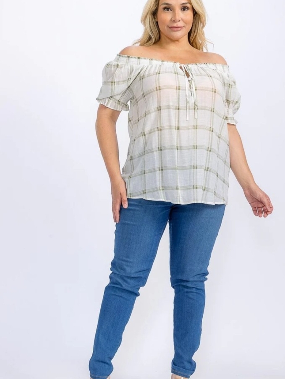 Plus Off-Shoulder Plaid Peasant Top in  White and Olive